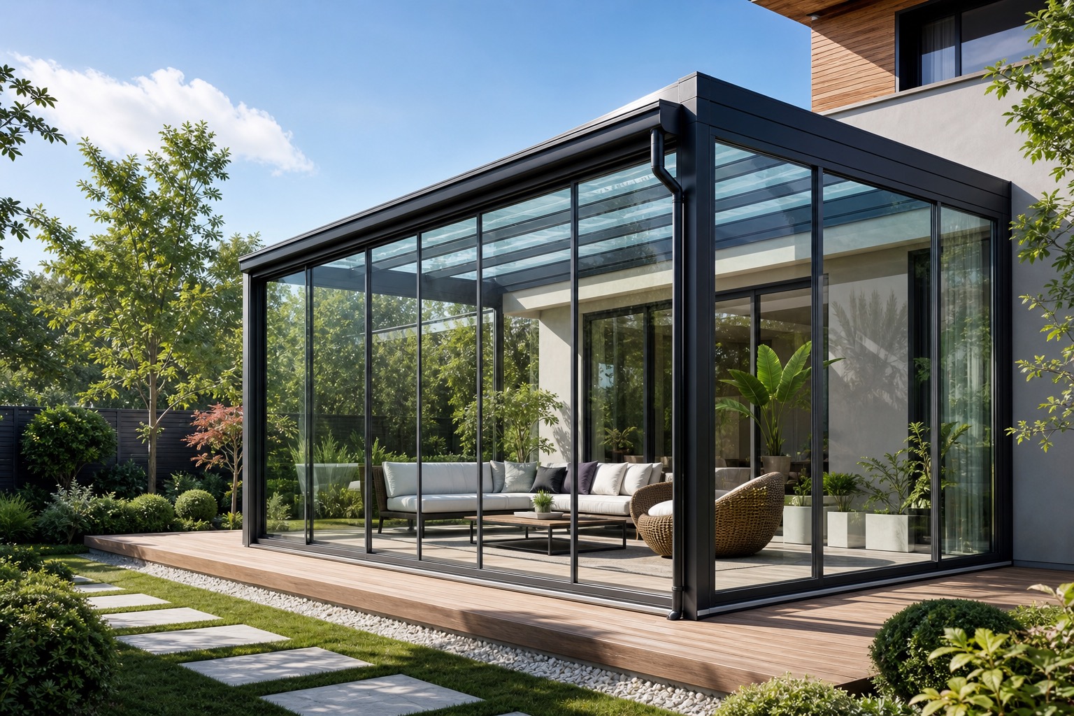 Glass sunroom extension beside a modern villa